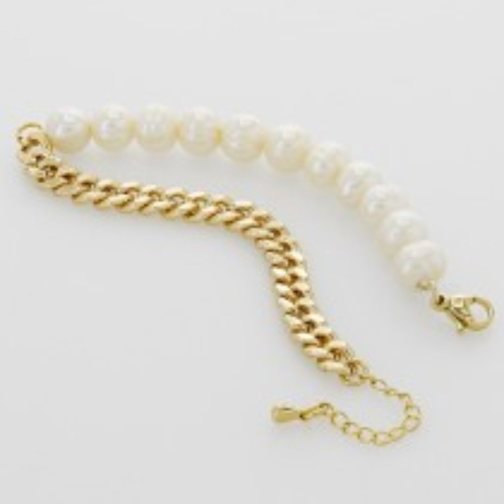 Genuine Freshwater Pearls 18K Gold Curb Bracelet - Picture 2 of 4